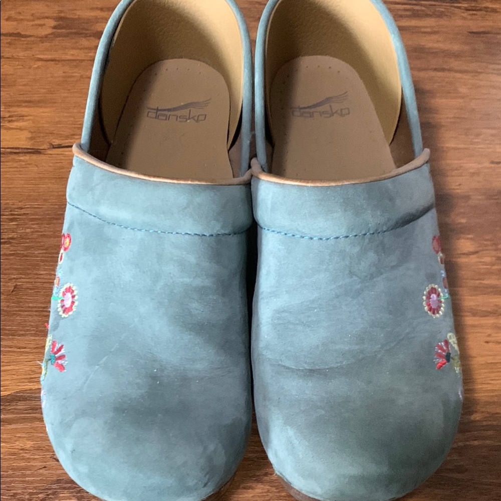 Dansko Blue Embroidered Clogs